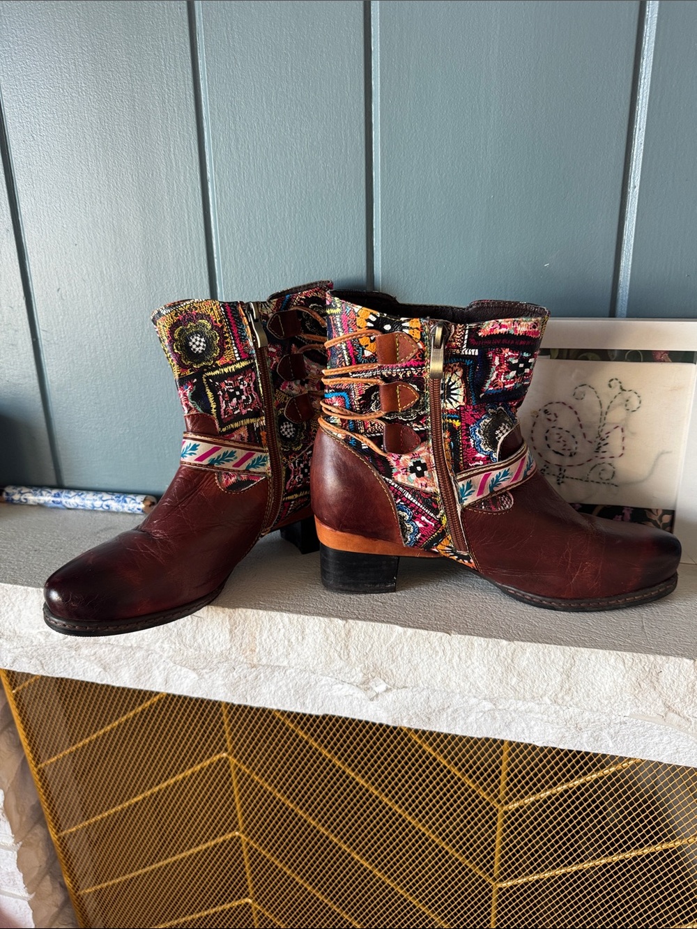 Women's Leather Ankle Boots with Multicolor Embroidered Panels